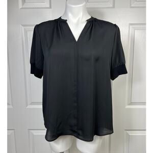 Catherine Malandrino Blouse Black V-Neck Short Puff Sleeve Size Medium